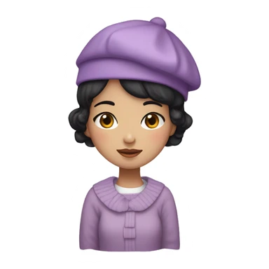 korean girl short black hair sharp jawline, wearing a lilac sweater and beret and bow sticker