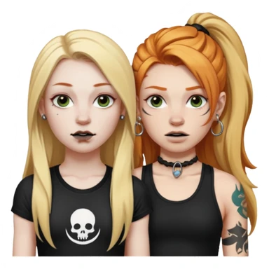 girl with long blonde hair, black tattoos and a septum piercing next to an athletic ginger girl and a septum piercing sticker