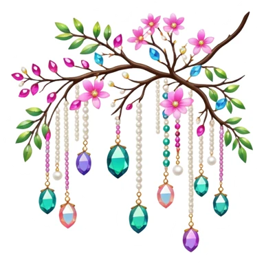 Exotic colorful romantic Few cute tiny Iridescent glistening glossy sparkly shiny glittery hanging crystals pearls and beads and gemstones scenery scenic decorations with branches and flowers sticker