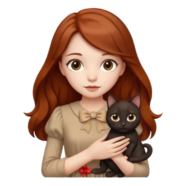a beautiful girl with long red and brown hair, clear brown eyes, in a beige dress and with a beige bow holds two black cat in her hands sticker