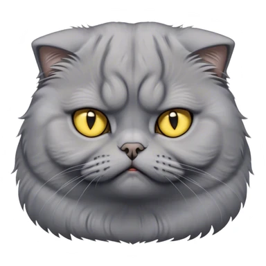 Cinematic Comical Grey Scottish Fold Cat Portrait Emoji, Adorable folded ears accentuating its round face, head tilted with a scrunched, grumpy expression, sleek soft grey fur with subtle blue undertones, large, striking yellow eyes, Simplified yet sharp features, highly detailed, glowing with a slightly sarcastic glow, high shine, poised but with a comically displeased demeanor, stylized with an air of playful disdain, focused yet unimpressed, soft glowing outline, capturing the essence of a grumpy yet endearing kitty with the classic Scottish Fold charm, so lifelike it feels like it could give you an exaggerated sigh and a disapproving stare at any moment! sticker