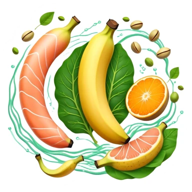 Golden banana, bright green spinach, salmon, kiwi, pistachios, and orange juice floating around a glowing nervous system and heart. Electrical waves connect these potassium-rich foods to nerves, heart and muscles, showing how they support electrical stability in the body. sticker