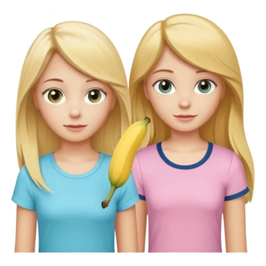two girls together, girl 1 with long straight-wavy light golden-yellow blonde hair, light hazel eyes, pale peach skin, wearing a light pastel aqua-blue top; girl 2 with medium-short dark blonde or light brown hair, dark blue eyes, pale peachy-pink skin, wearing a pastel banana-yellow top sticker