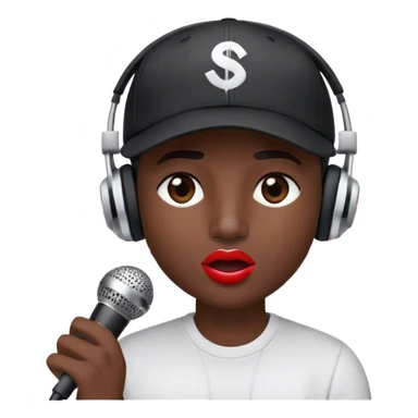 Create a dynamic and energetic emoji that represents beatboxing. The design should feature a stylized microphone and baseball cap on it, with lips and sound waves emanating from it , symbolizing vocal percussion and rhythm. Add elements like headphones or a subtle speaker to emphasize the music production aspect. Use bold colors like black, white, and red to convey the intensity and creativity of beatboxing. The background should be transparent. sticker