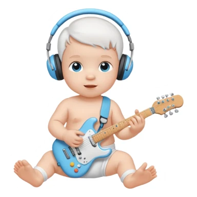 a cute baby in a white diaper and air pod maxes playing a baby blue electric guitar sticker