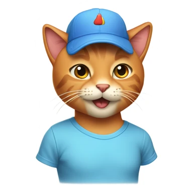 tan-red cat wearing a light-blue t-shirt and a blue base cap taps musical keyboard sticker