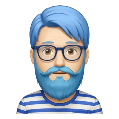 man with long blue hair, glasses, and a long beard and wearing a striped t-shirt sticker