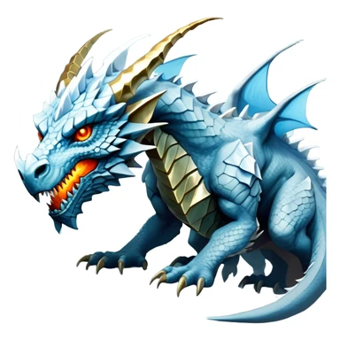 This extraordinary hybrid creature combines the elemental power of an ice dragon with the raw physical might of a stone golem. Its core body resembles a cluster of angular, faceted stones that have been infused with magical ice energy. The creature's head features a draconic shape with curved horns and piercing amber-gold eyes, but parts of its face retain the jagged stone texture. Blue-white energy flows between the gray rock segments, creating glowing lines throughout its body. The creature has developed partial wings made of crystalline ice formations extending from its rocky frame, and its tail alternates between stone segments and ice spikes. Sharp teeth line its mouth, some appearing as polished stone, others as ice crystals. Frost continuously emanates from its body, and when it moves, it creates a distinctive sound of grinding stone and crackling ice. full body sticker