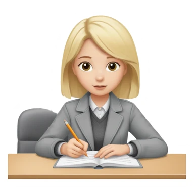 blonde-girl tutor in gray jacket checking student’s homework sticker
