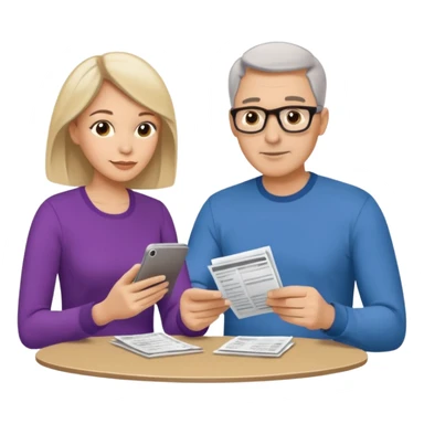 casually dressed stylish  looking husband and wife in their 40s avatars reviewing their finances together  sticker