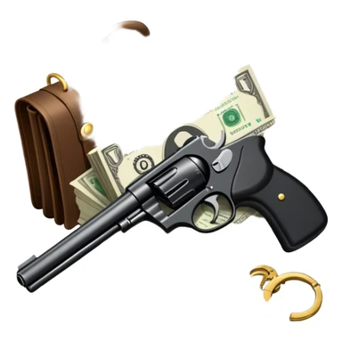 Icon for Action & Crime Reading: open book with text and picture, silhouette of a gun, a bag of money, a police badge. Surrounding elements include a pair of handcuffs, a briefcase and scattered bullet casings. Transparent background. sticker