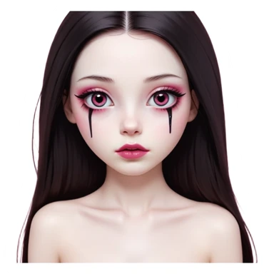 girl with white skin, dark brown long realistic straight hair with middle part prominently falling in front of her body over her shoulders, lips with reddish-pink shiny lip gloss and absolutely no cupid's bow, big round eyes with very black shiny eyeballs and natural long eyelashes, absolutely no eye makeup, no eyeshadow, no eyeliner, completely bare eyes, light pink blush on cheeks, lighter button nose, exceptionally elongated very long oval-shaped face, wearing a pink off-shoulder top, looking directly at camera with hands down at sides sticker