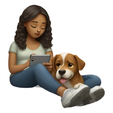 Girl laying on coach while looking at phone with dog on lap sticker