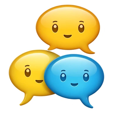 Create an emoji-style icon with two overlapping chat bubbles and a small phone or info symbol, representing ‘Contact Us’. Cute, colorful, rounded design sticker