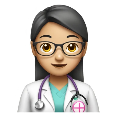 Asian girl with round glasses, wearing a pink nurse uniform (scrub) with a stethoscope sticker