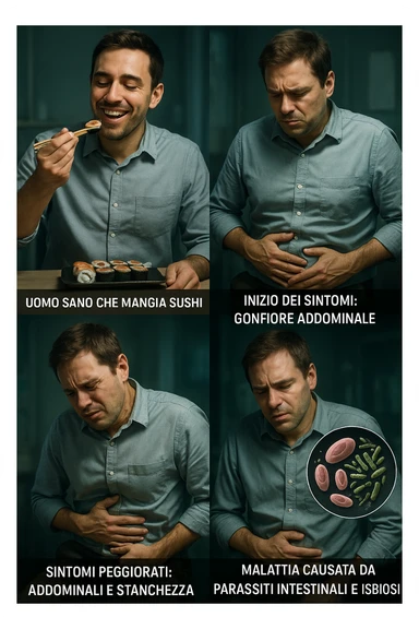 Illustrazione verticale realistica in italiano che mostra la progressione in più fasi da uomo sano che mangia sushi a uomo con sintomi di malattia causati da parassiti intestinali e disbiosi. Atmosfera clinica con luci drammatiche, didascalie in italiano, formato 2:3. sticker