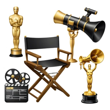 Professional icon for Directing: a collage featuring a director's chair, a film camera, a megaphone and an Oscar trophy. The icon should represent the craft and creativity of film directing, with emphasis on leadership and cinematic artistry. Transparent background. sticker