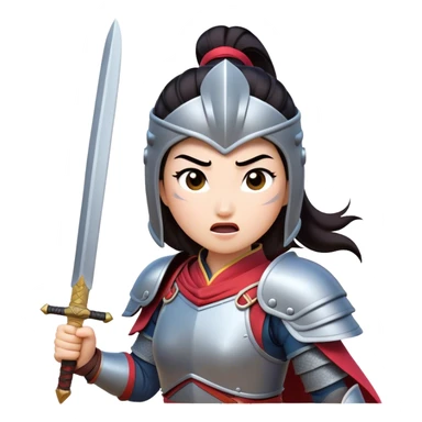 Cinematic Funny Mulan Portrait Emoji, Wearing her training armor too big, looking surprised as a sword nearly topples her over, a mix of warrior determination and hilarious inexperience, a comical yet endearing moment in her transformation! sticker