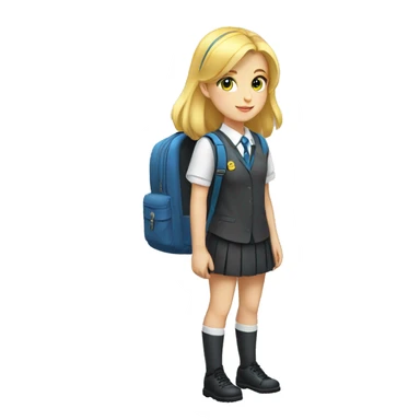 blue eyed, blonde hair white young girl wearing a private school uniform and a yellow backpack full body sticker