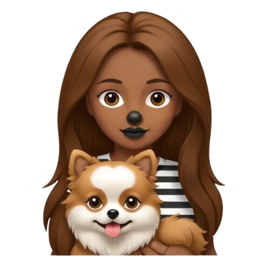 Create an emoji-style illustration of a woman with long brown hair holding one Pomeranian dog. The dog has a black face with a white stripe running down the middle of its nose and mouth. sticker