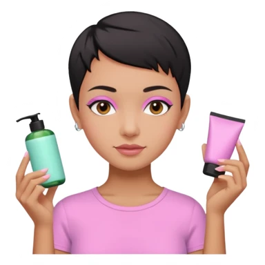 tan girl with no makeup pink shirt with black hair & a pixie, cut no earrings, doing pastel colors skin care sticker