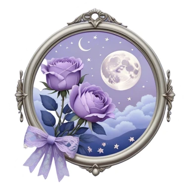 Under the soft light of a vintage brass lantern, a small bundle of lilac roses, indigo peonies, and delicate lavender sprigs is tied with a lace ribbon in a muted violet hue. Above, the sky is scattered with tiny silver stars, reflecting gently in the antique hand mirror with a moon-shaped handle beside the bouquet. sticker