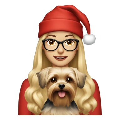 Beautiful woman with long blonde hair and black glasses wearing a red santa hat holding Yorkshire terrier sticker