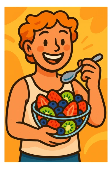 A cheerful person holding a glass bowl of colorful fruit salad with vibrant pieces of strawberries, kiwis, and blueberries visible. The person is wearing a casual, light-colored tank top and has a friendly, bright smile as they prepare to take a bite with a spoon. sticker