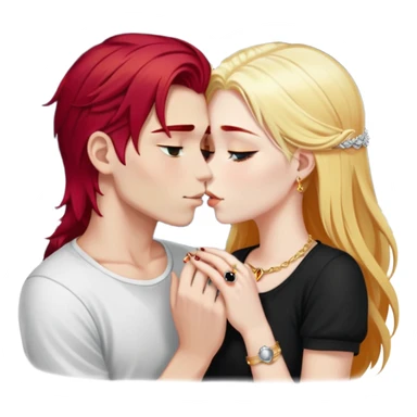 couple kissing, girl with long cherry red hair, blonde eyebrows, gold jewelry, boy with SHORT PURE WHITE hair like snow, dark t-shirt, silver ring with black stone sticker