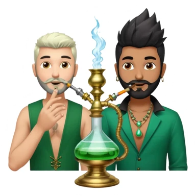 Brass hookah with green design on a glass water base on the top; with two smoke pipes where people are holding them and smoking - one white guy with spikes (silver and black hair) and another Tamil handsome with little beard Indian guy sticker