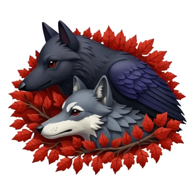 A raven and a wolf curled together with Weirwood leaves beneath them  sticker