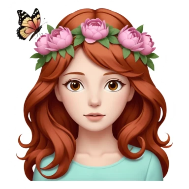 Woman with long flowing auburn hair wearing a pastel flower crown with big peonies and roses and butterflies in it sticker