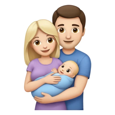 Create a family emoji. The mother is brunette, holding a newborn baby in her arms and the father is blonde, hugged her from behind, both smiling  sticker