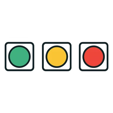 simple sequence of representative icons for each phase, colors indicating status (green, yellow, red), isolated on white background sticker