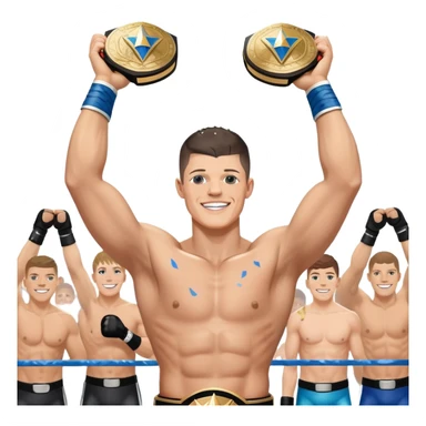 Cody Rhodes, with a beaming smile and tears of joy, holds a championship belt aloft, his muscular arms raised in triumph, as confetti rains down around him. sticker