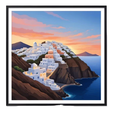 Cinematic Realistic Santorini Caldera Landmark Emoji, featuring white-washed buildings perched on volcanic cliffs, overlooking the deep blue Aegean Sea, with warm sunset hues illuminating the sky and reflecting off the water. sticker