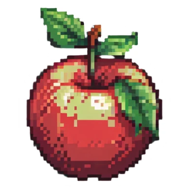 pixel art red apple with green leaf, blocky and simple, retro style sticker