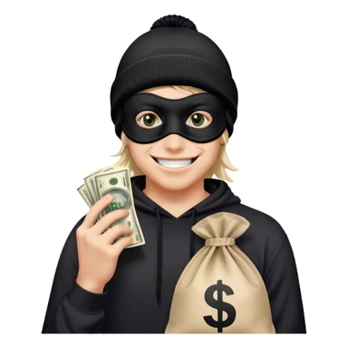 Face: Mischievous grin with wide, playful eyes, giving a sly but goofy expression. Mask: Black eye mask covering the upper face. Headgear: Black beanie or cap, slightly askew. Pose: Holding a money bag in one hand, with the bag tied at the top and a dollar sign visible. sticker