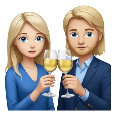 A woman with blue eyes and long balayage brown blond hair and a man with blue eyes and light brown hair, they toast to each other with a glass of white wine.  sticker
