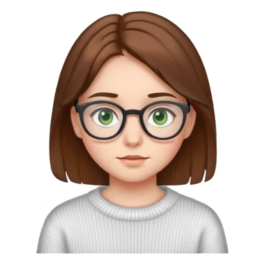 a girl of about 14 years old in a white sweater with brown hair, gray-green eyes and glasses sticker