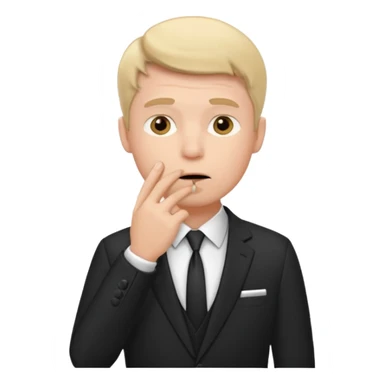 white man in formal suit thinking, hand on mouth sticker