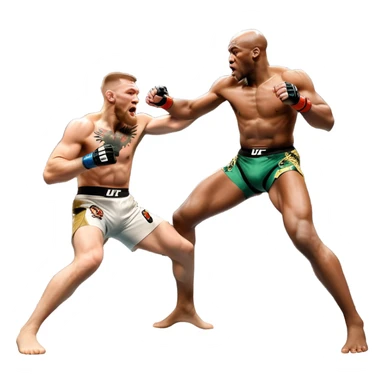 An MMA showdown between Conor McGregor and Anderson Silva in the octagon. McGregor is executing a jumping strike, while Silva skillfully deflects the attack. The background shows the UFC octagon with roaring fans and vibrant energy. Transparent background. sticker