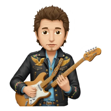 realistic cinematic bob dylan, unshaven and long haired, in a motor jacket embroidered with bronze cranes, plays an electric guitar sticker