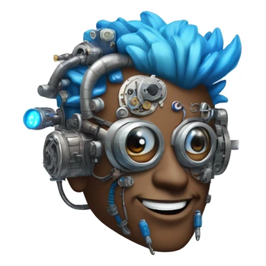 Brown cyborg head with blue Mohawk, blue beard, silver steampunk monocle goggles a smile and circuits sticker