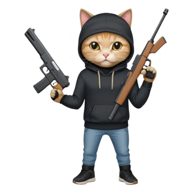 Cat with a ski mask and black hoodie holding a beige colored glock 19 gun and with skinny jeans on and black sneaker shoes sticker