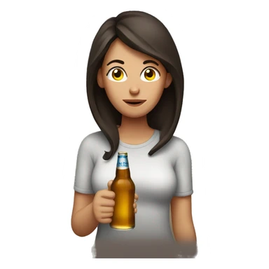 Exhausted woman with dark brown hair holding a beer bottle sticker