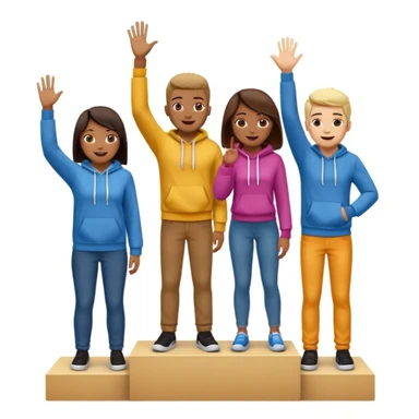 multi-racial men and women standing on a brown winners’ podium with the middle podium position elevated, no numbers, casually dressed in fun colorful jeans, t-shirts, and hoodies, one person giving a high five, excited fun expressive emoji style sticker