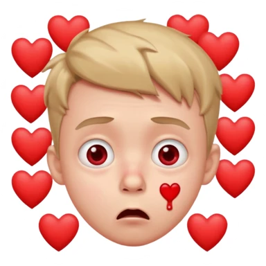 shocked cartoon boy, wide eyes, red nosebleed, blushing cheeks, surrounded by hearts sticker
