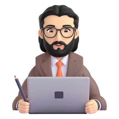 middle eastern businessman with medium length black beard, black hair, thick unibrow, elongated nose, tan skin, brown eyes, glasses, in business casual outfit, working on a notebook computer sticker