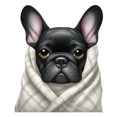 A black and white French bulldog wrapped in a plaid and surrounded by delicate pink hearts sticker